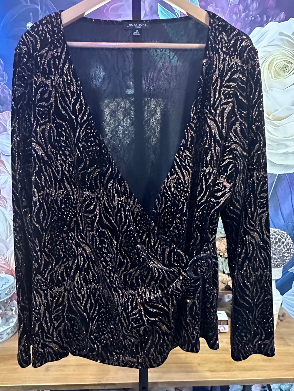 Notations Woman 1X Stretch Animal Print Faux Wrap Top Y2K Whimsigoth Glam Black